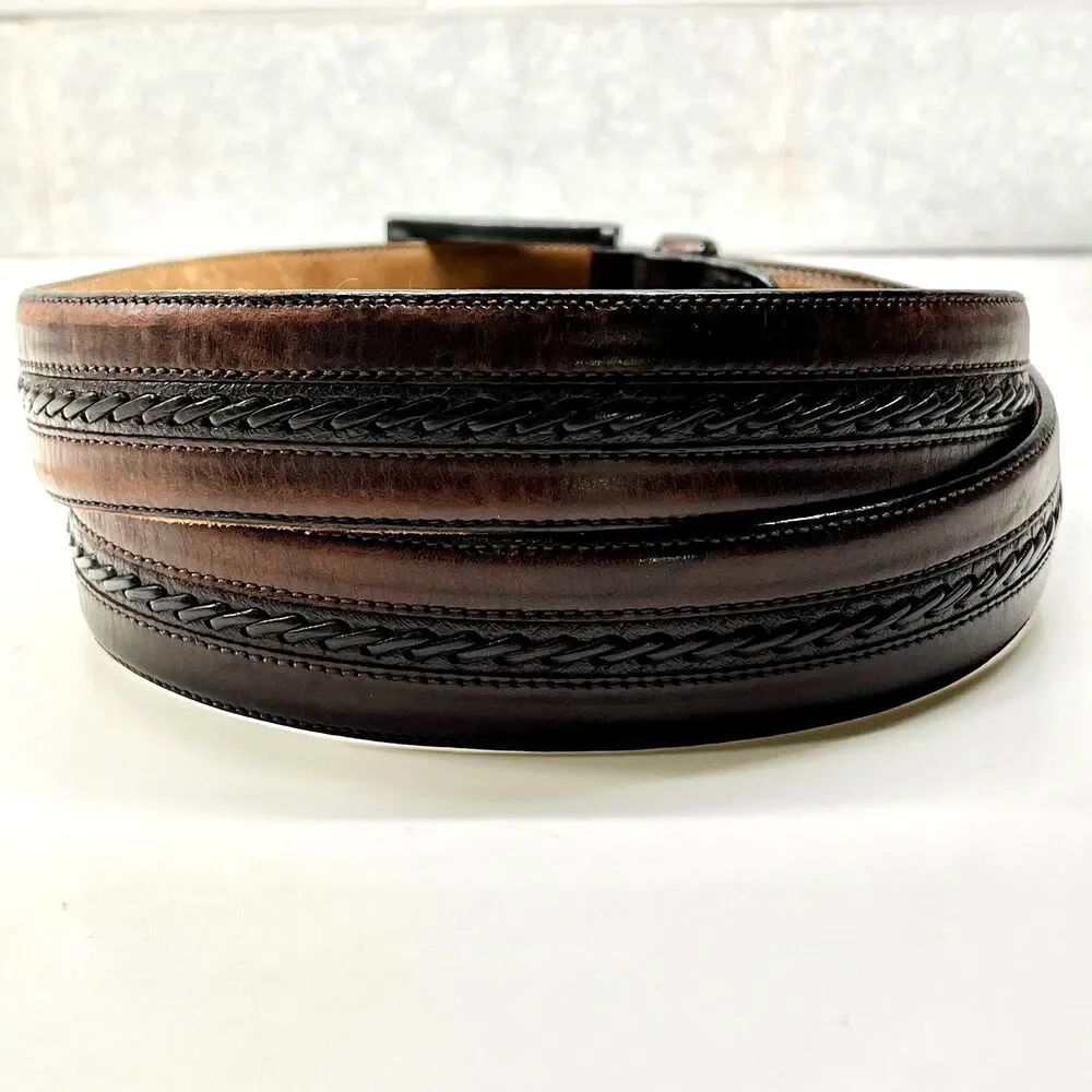 Mocha Dark Brown Spanish Leather Belt Mezlan Mens Size 38 M Herringbone Weave